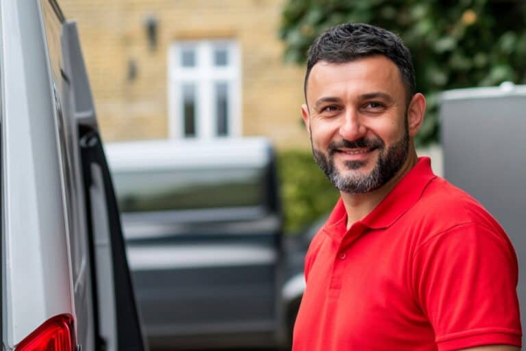 A man and van wearing a red polo shirt at the side of the van in the concept of 'How to Get a Quote for a Man and Van Service When Moving to Romford'.
