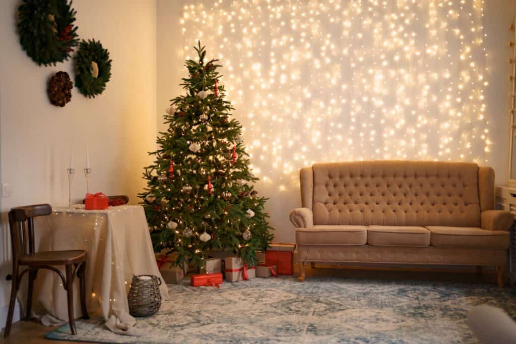 A living room with holiday decoration